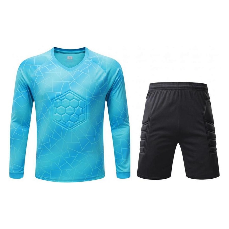 Blue keeper kit with shorts, angle 1