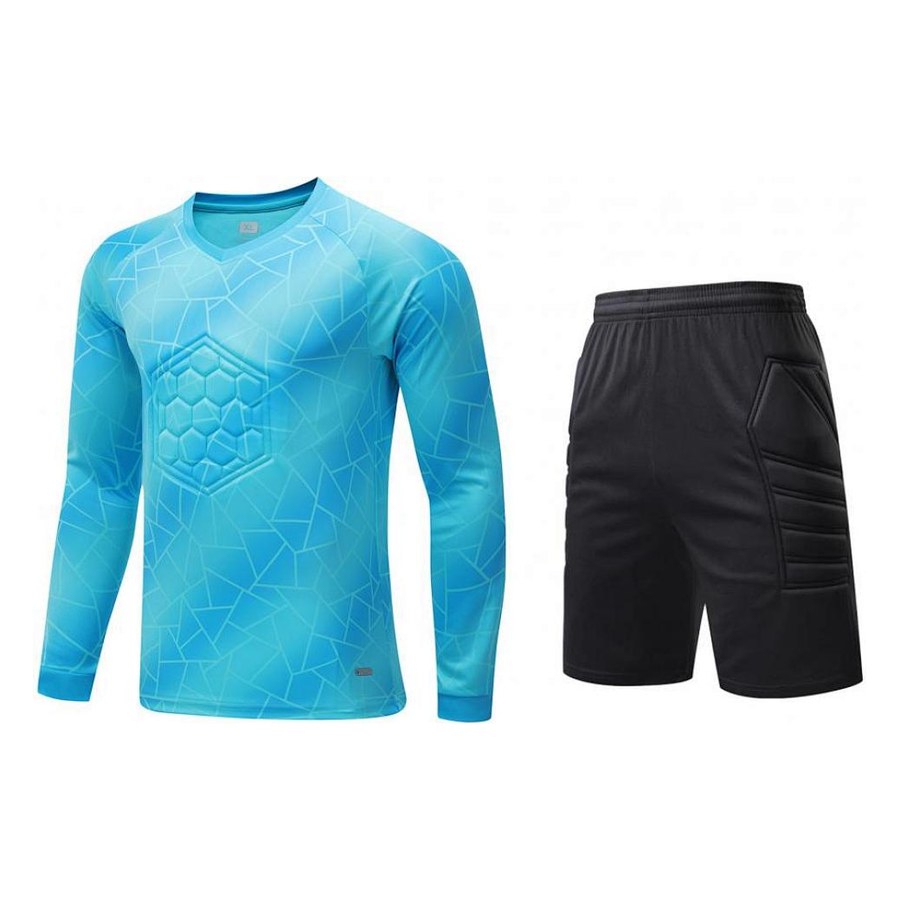 Blue keeper kit with shorts, angle 2