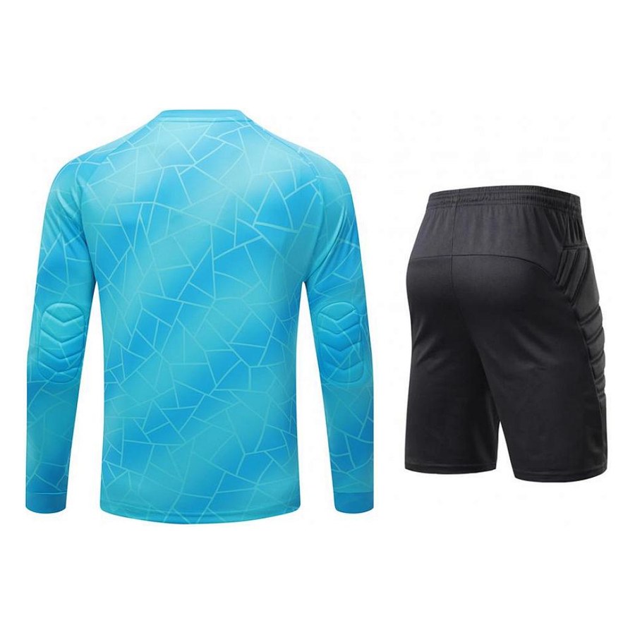 Blue keeper kit with shorts, angle 3